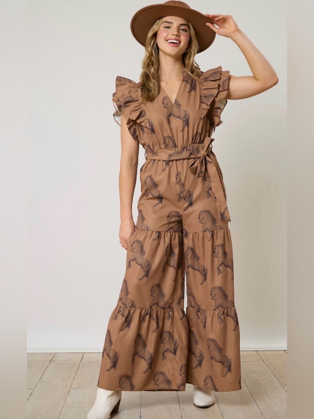 Ruffle-Sleeve Tiered Wide-Leg Jumpsuit in Camel horse western